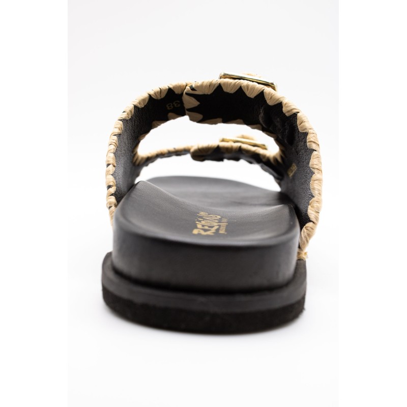 Reqins Sandale Minorque Noir Femme Cuir et Raphia