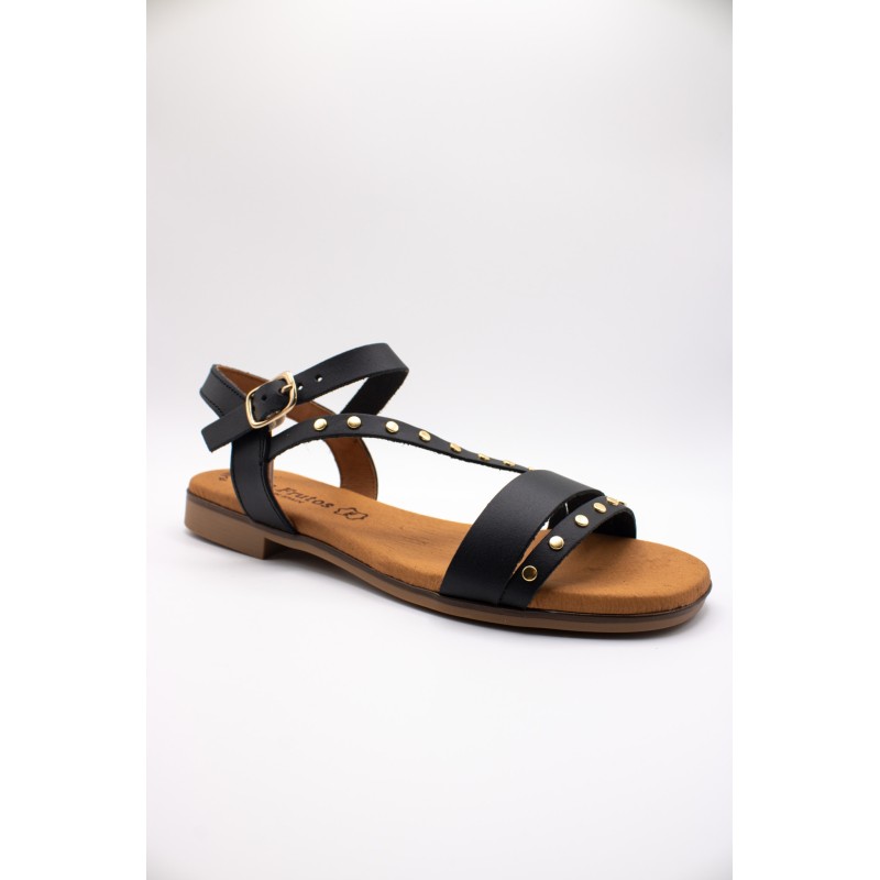 Sandales plates noires cuir cloutées femme | Eva Frutos