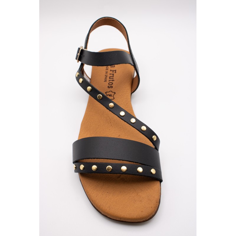 Sandales plates noires cuir cloutées femme | Eva Frutos