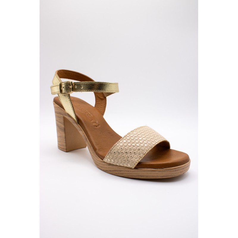 Sandales à talon cuir beige et doré Eva Frutos 990