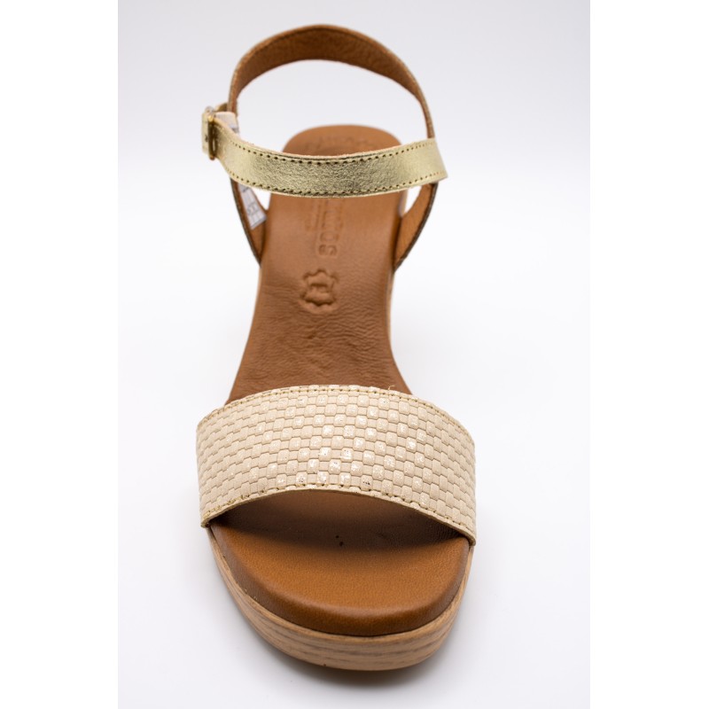 Sandales à talon cuir beige et doré Eva Frutos 990