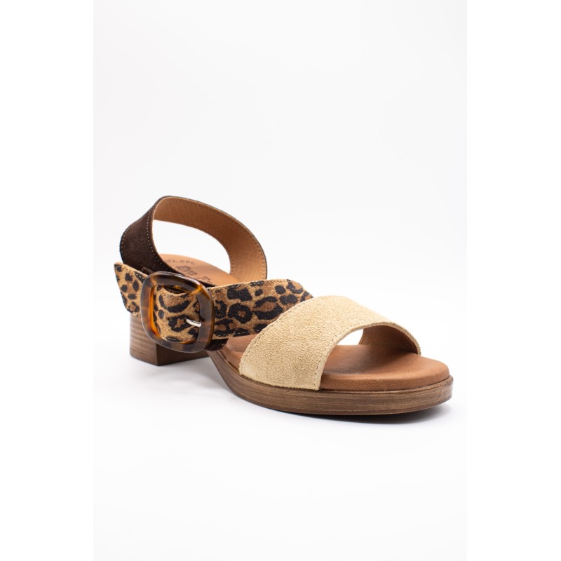 Sandales à talon cuir beige et léopard - EVA FRUTOS Femme