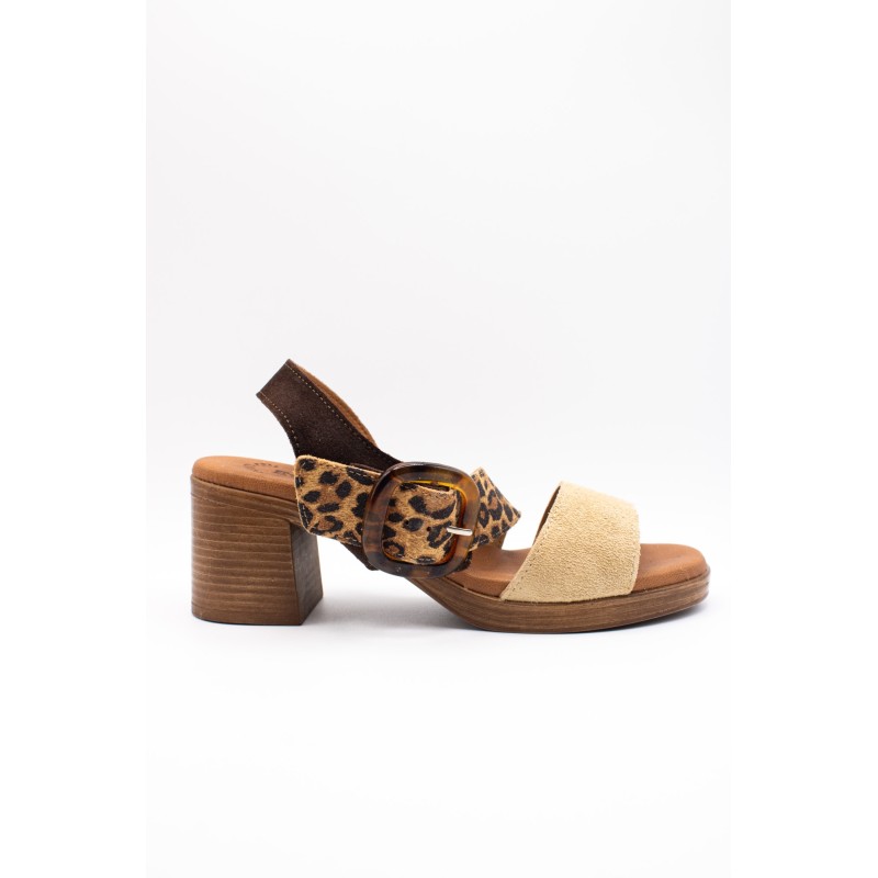 Sandales à talon cuir beige et léopard - EVA FRUTOS Femme