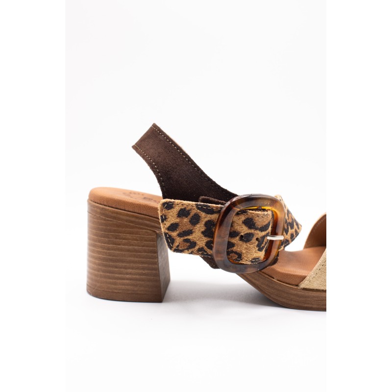 Sandales à talon cuir beige et léopard - EVA FRUTOS Femme