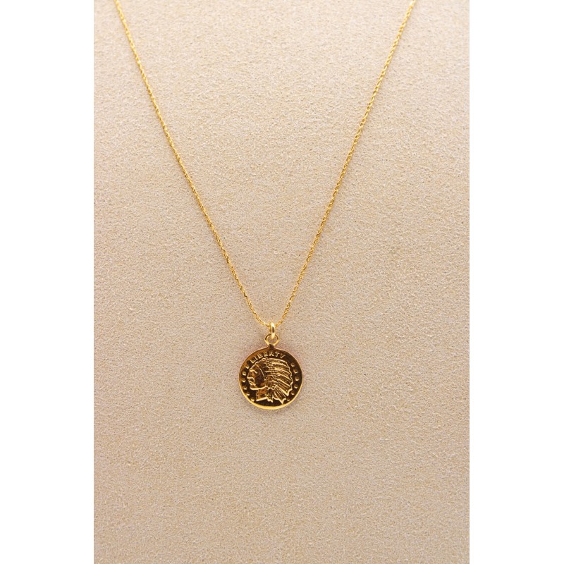 Collier médaille Indien réversible plaqué or 3 microns
