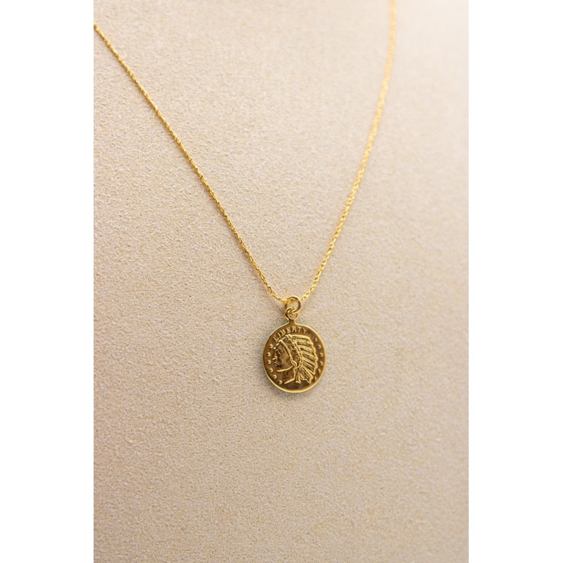 Collier médaille Indien réversible plaqué or 3 microns