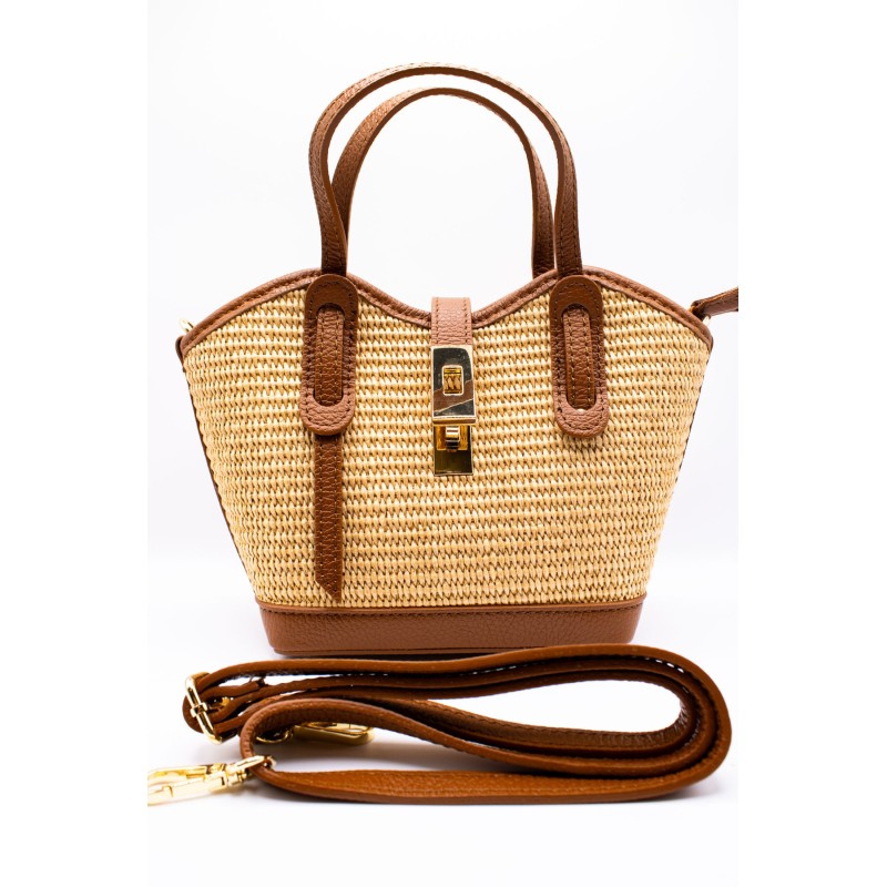 Petit sac panier cuir et raphia naturel femme
