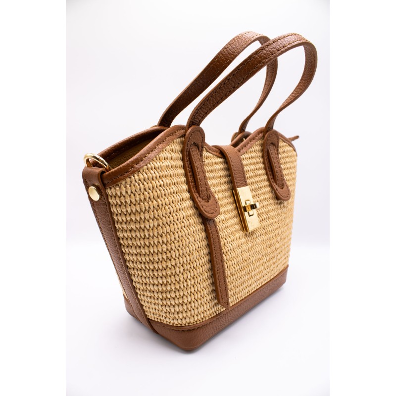 Petit sac panier cuir et raphia naturel femme