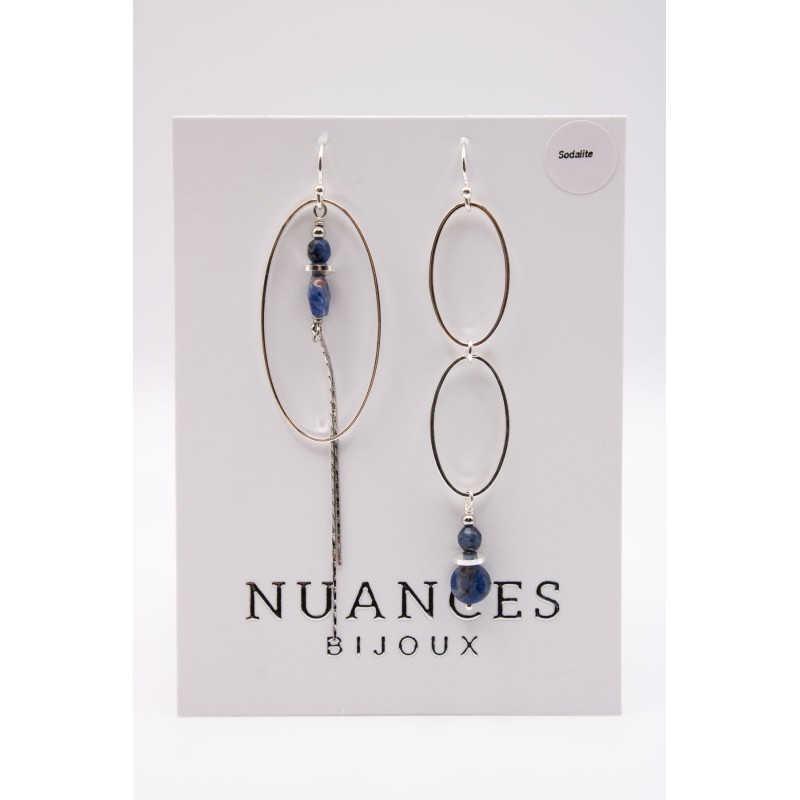 Boucles d'oreilles asymétriques argentées & pierres semi-précieuses - NUANCES BIJOUX