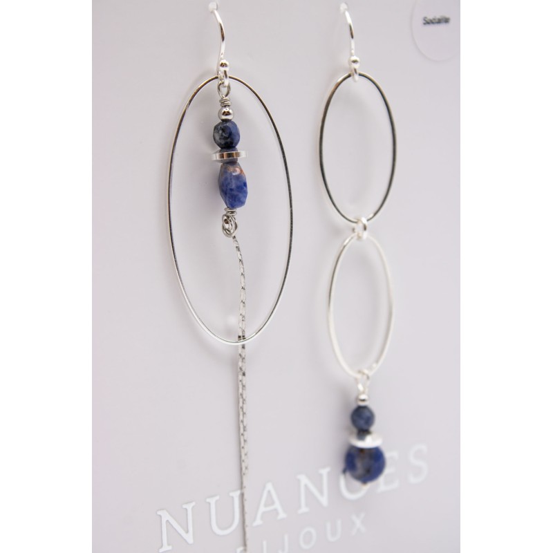 Boucles d'oreilles asymétriques argentées & pierres semi-précieuses - NUANCES BIJOUX