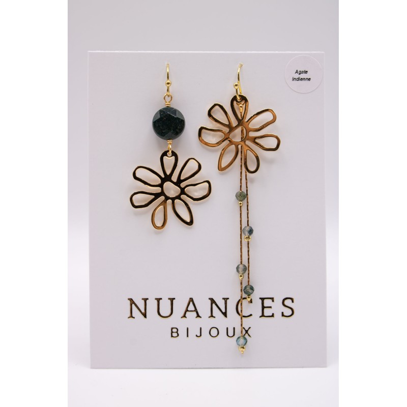 Boucles d'oreilles asymétriques dorées & pierres semi-précieuses - NUANCES BIJOUX