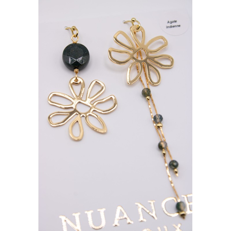 Boucles d'oreilles asymétriques dorées & pierres semi-précieuses - NUANCES BIJOUX