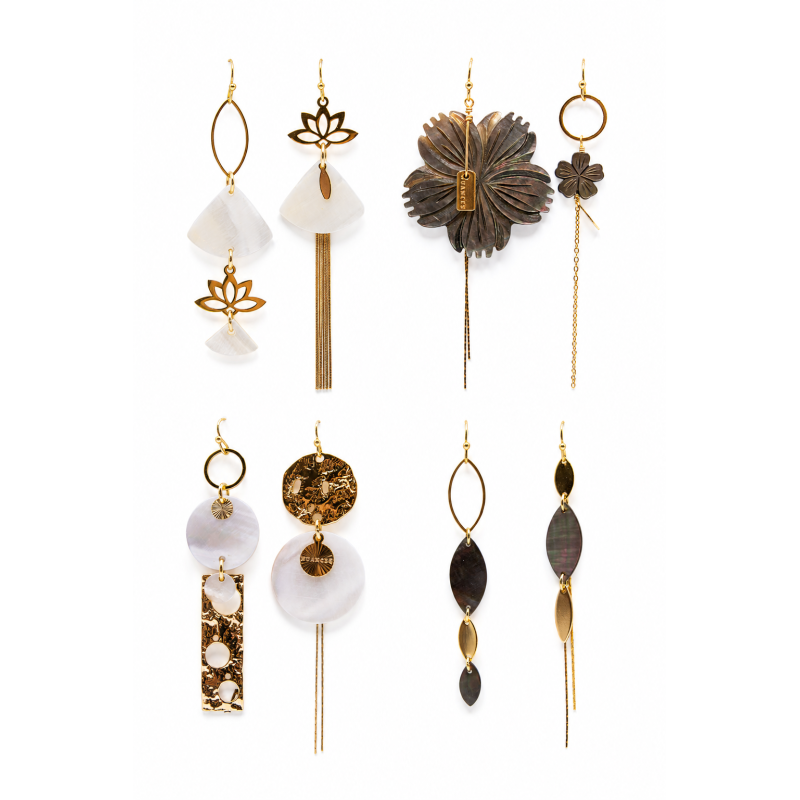 Boucles d'oreilles asymétriques dorées & nacre - NUANCES BIJOUX
