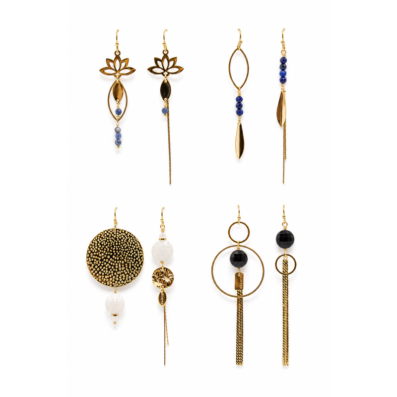 Boucles d'oreilles asymétriques dorées & pierres semi-précieuses - NUANCES BIJOUX