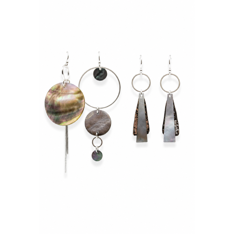 Boucles d'oreilles asymétriques argentées & nacre - NUANCES BIJOUX